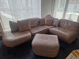 Ecksofa Leder mit Leder-/Stoffkissen beige-rosa