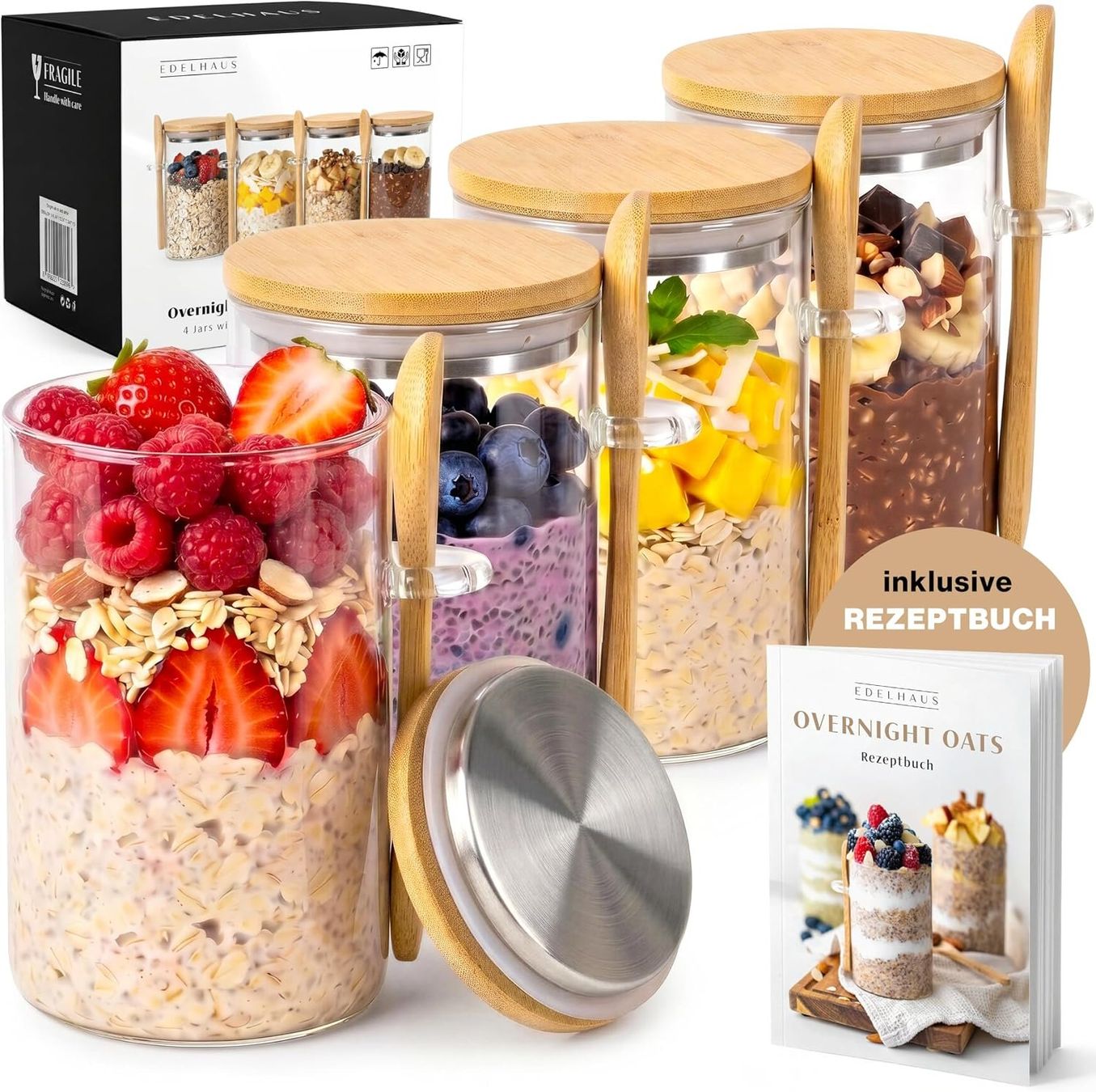 Gläser: Overnight Oats Gläser Set mit Deckeln und Löffeln – Neu und originalverpackt aus St. Gallen von sch_zsz7