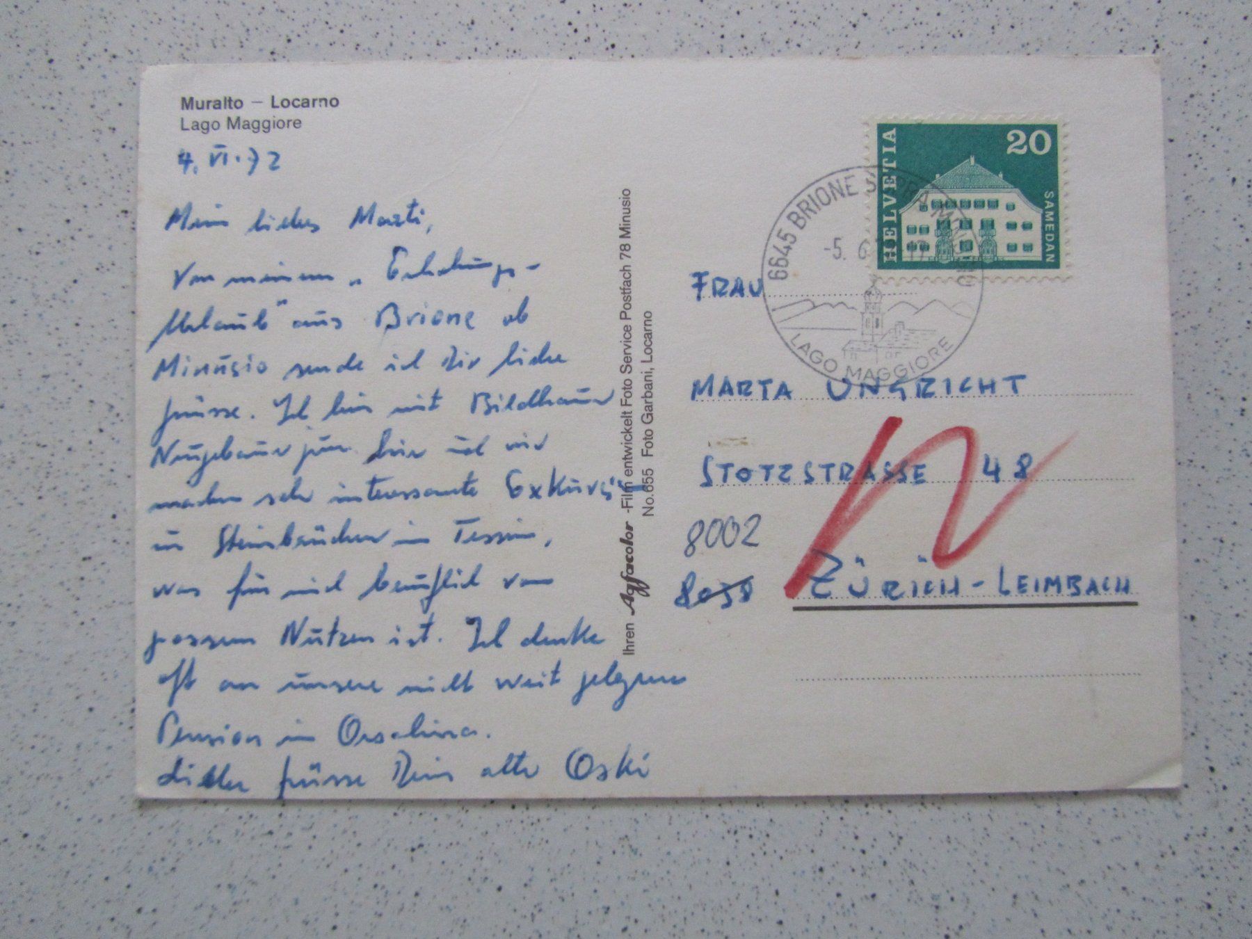 Cartoline postali: Muralto Locarno, Lago Maggiore, Ansichtskarte 1972 – Usato da Weiningen ZH venduto da dietsch57 1