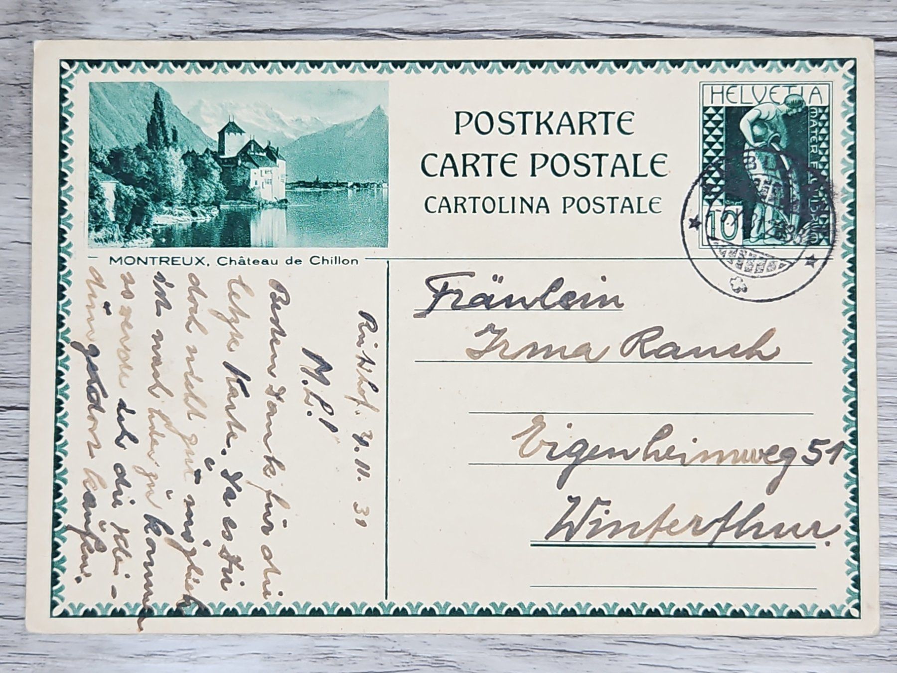 Tutti i francobolli: CL04 Carte Postale + Timbre Suisse 1931 – Usato da Cousset venduto da Patrick_Collections