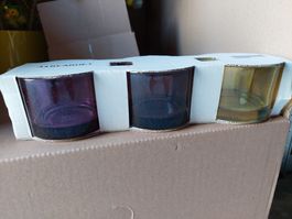 3 Teelichter / Kerzenhalter aus farbigem Glas