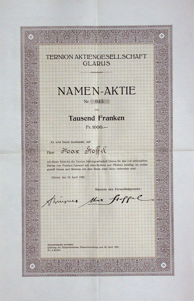 Documenti: Ternion AG, Glarus, Glarus - 1932 – Usato da Solothurn venduto da Sgasche