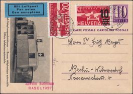 1937, Basler Mustermesse auf Flugkarte mit F21+F17 (rot)