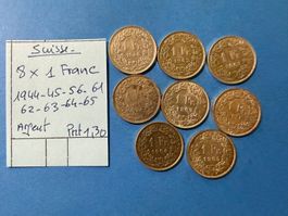 SUISSE : 8 X 1 FRANC 1944-45-56-61-62-63-64-65- Argent