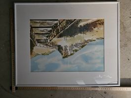 Peter Ries – Grande aquarelle originale – Paysage et passere