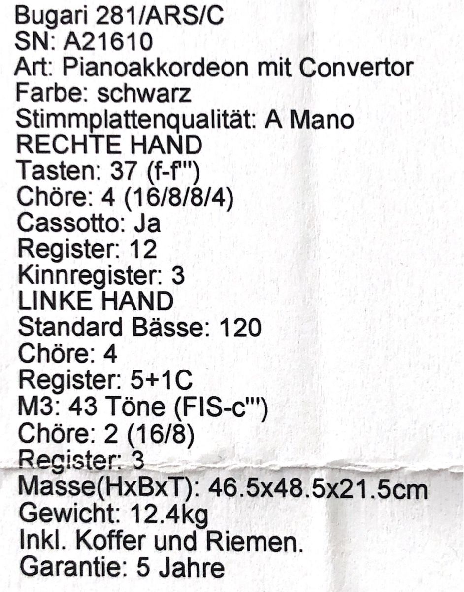 Strumenti musicali: Bugari Piano Akkordeon mit Convertor – Usato da Strengelbach venduto da FADOLU 4