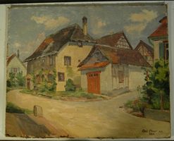 Alois Ebner jun. Häuseransicht Oel auf Pavatex