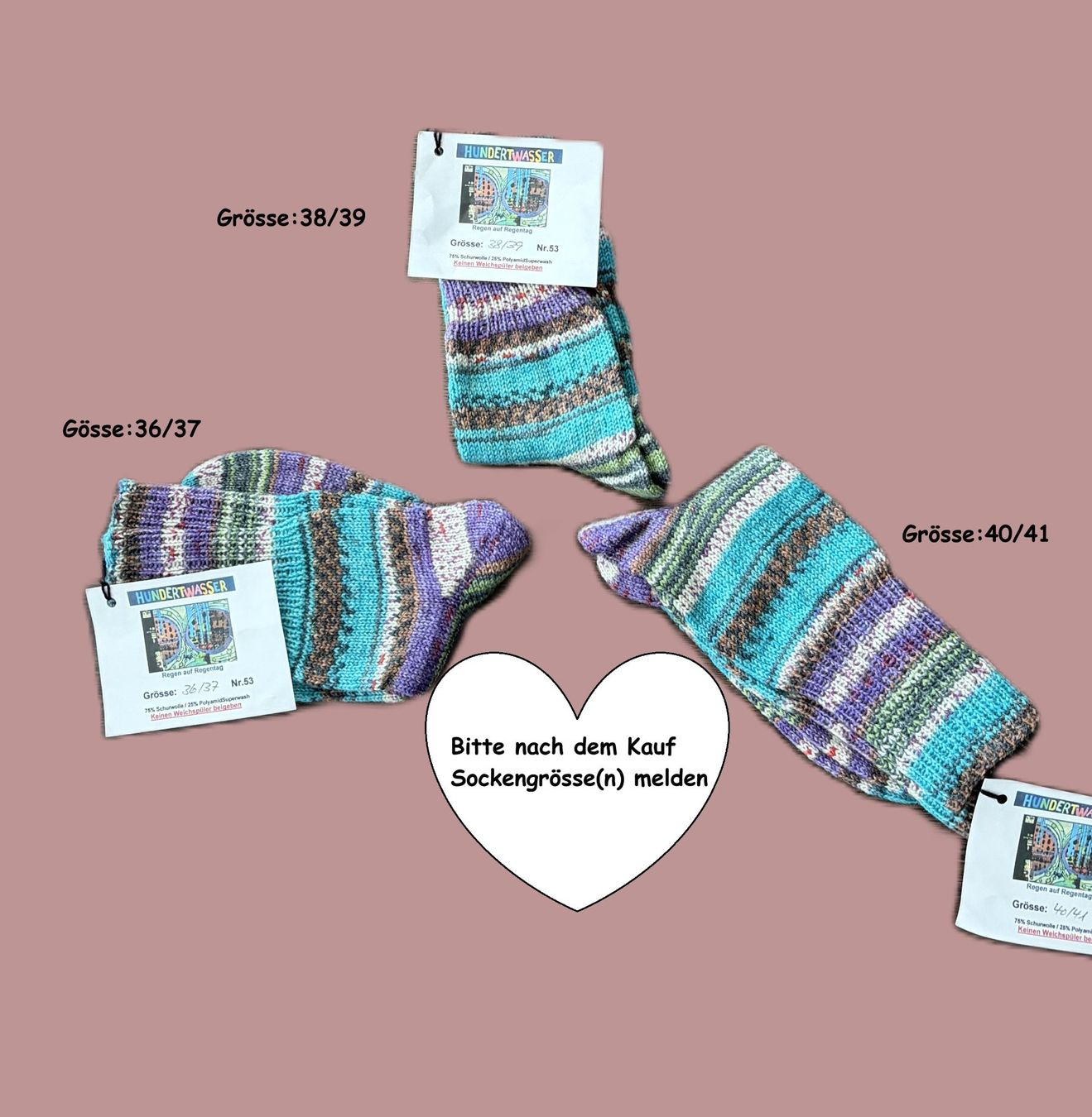 Socken: Handgestrickte "Hundertwasser" Socken verschiedene Grössen – Neu und originalverpackt aus Täuffelen von sohalt