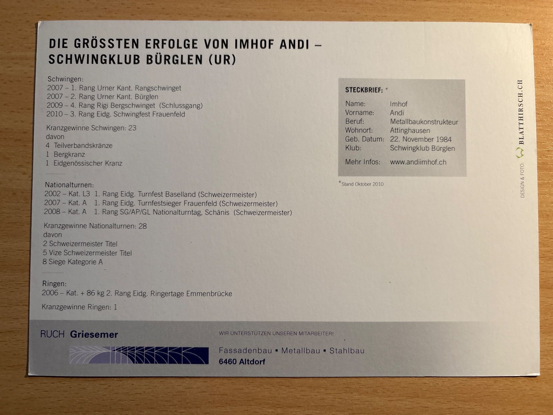 Autografi: Autogrammkarte von Schwinger Imhof Andi – Usato da Ibach venduto da lisch3 3