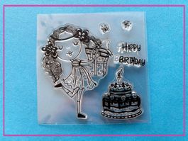 Geburtstag, Mädchen Geschenk und Torte  - Silikonstempel