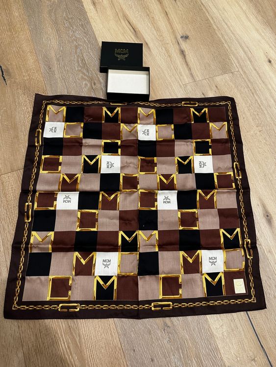 Foulard Carré Authentique MCM En Soie 100% - Motif Géométrique Multicolore - Vintage, Bon État