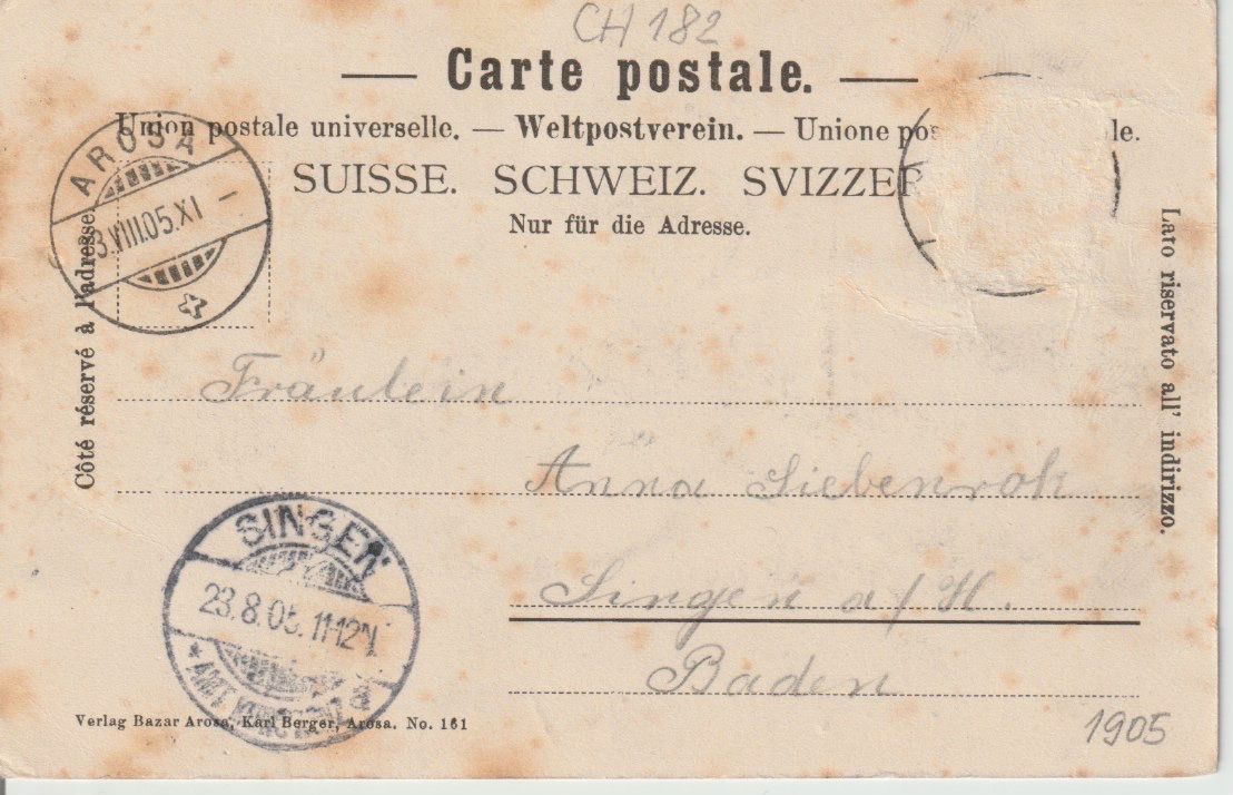 Cartoline postali: CH 182 Inner-Arosa, 1905 – Usato da Freienbach venduto da Bhaltis 1