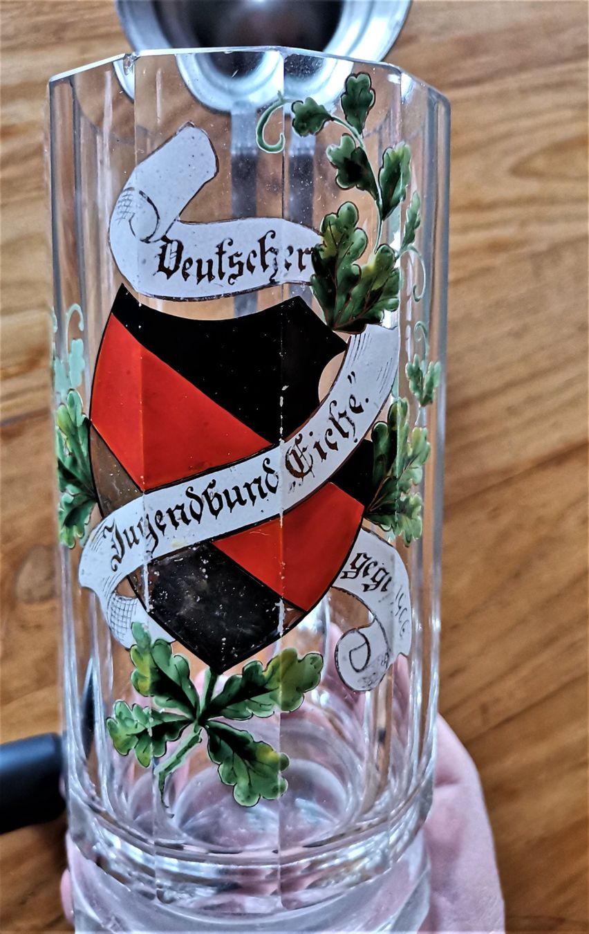 Gläser: antiker Glaskrug Deutscher Jugendbund Eiche von 1913 – Gebraucht aus Mund von Happy_trader