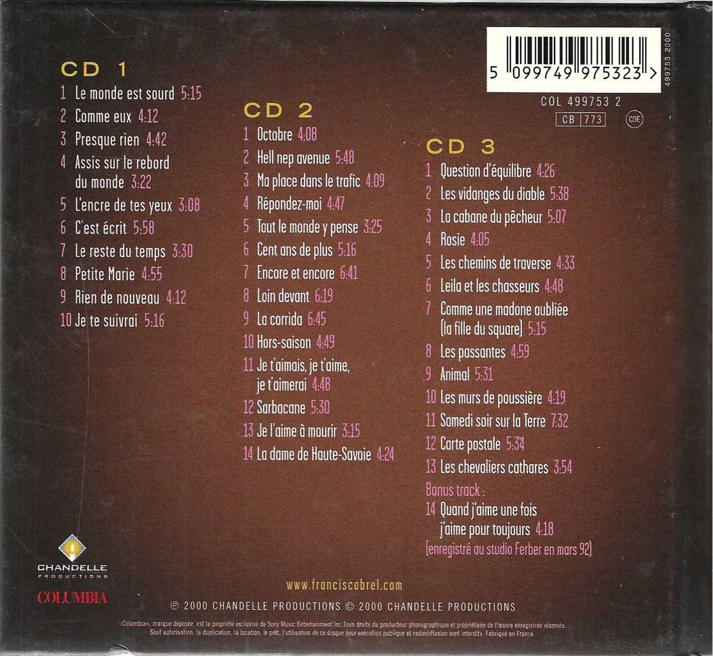 CD: Francis Cabrel 3 CD's Double Tour Electronique & acoustique – Usato da Savagnier venduto da Ne2065 1