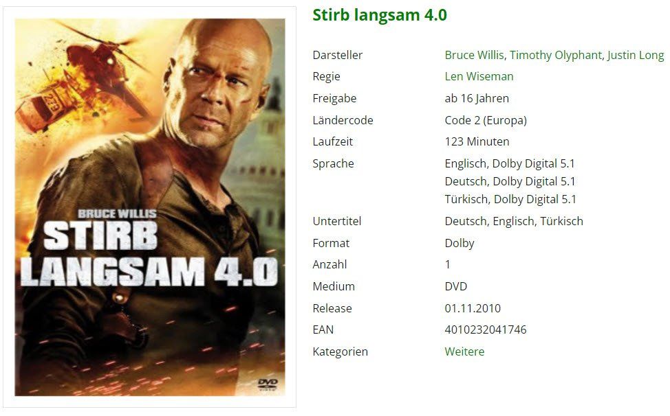 Tutti i DVDs: Stirb langsam 4.0 (DVD) – Usato da Buchrain venduto da Sssschaller