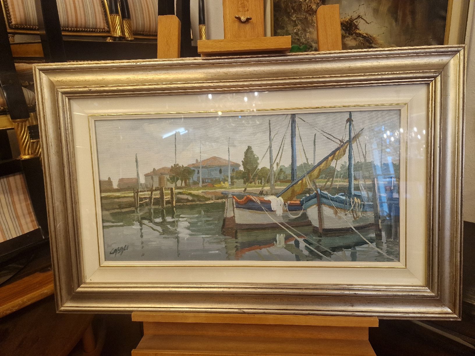 Dipinti: Ölgemälde auf Leinwand Boote im Hafen, signiert – Usato da BERN venduto da Intarsia 2