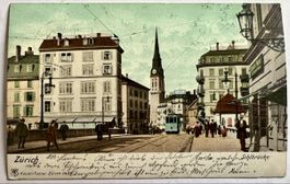 Alte AK Sihlbrücke Zürich von 1904 belebt.Mit Strassenbahn.
