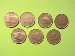 7 Stk. Belgien 1F. Münzen 1958, 62, 71, 72, 75, 77, 78