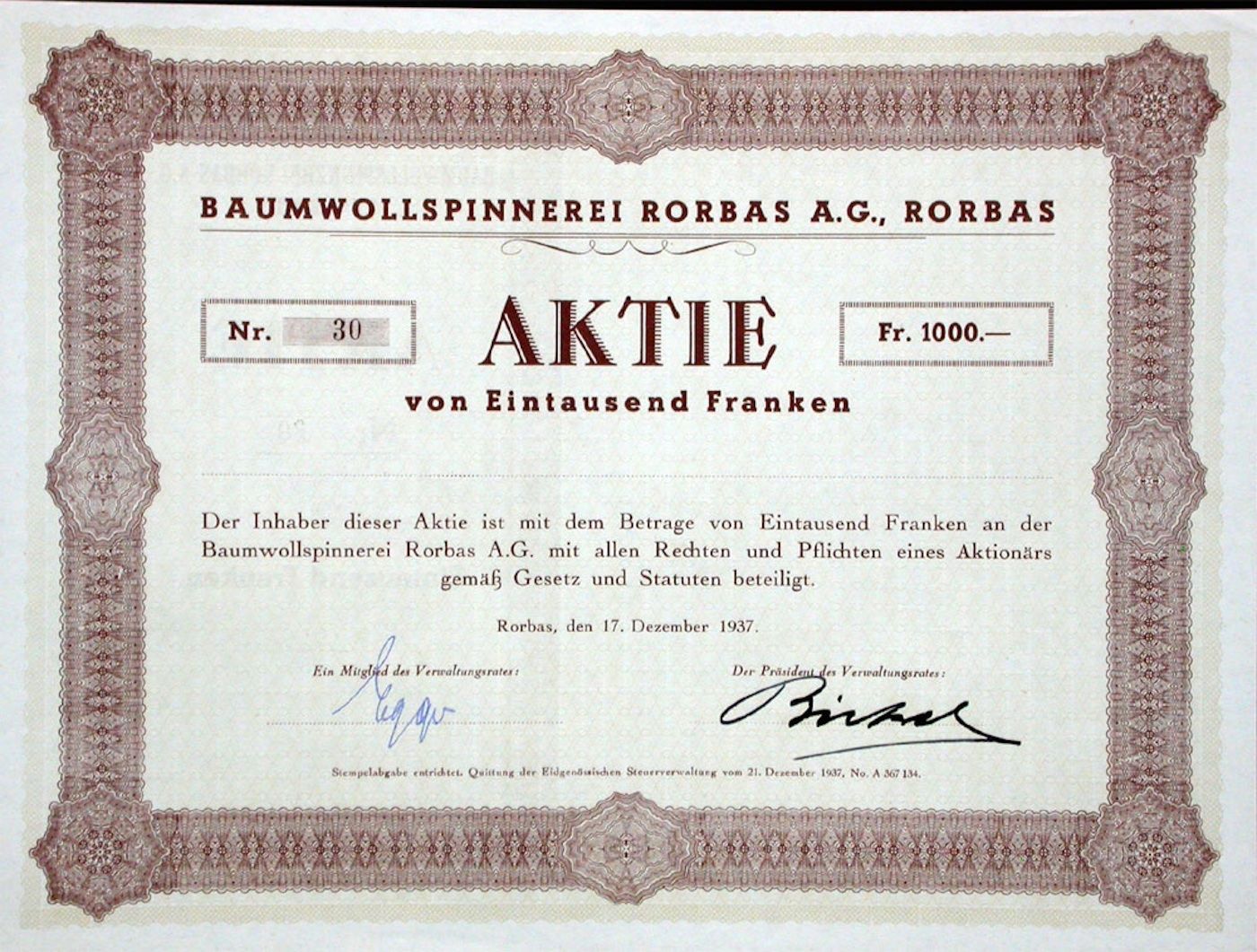 Documenti: Baumwollspinnerei Rorbas AG, Torbas - 1937 – Usato da Solothurn venduto da Sgasche
