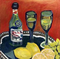 Acrylgemaelde Stillleben mit Flasche und Zitronen