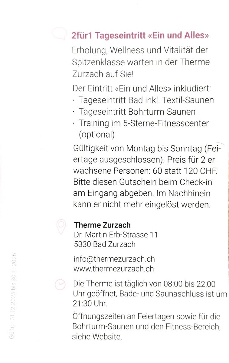 Therme Zurzach 2 für 1 Tageseintritt, gültig bis Nov. 2026 (Neu und ...