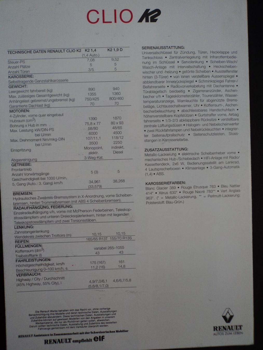Renault Documents: Prospekt Renault Clio K2 Sondermodell 1995 – D'occasion à Schwarzenburg par modelCARama 4