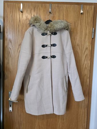 Damen Kurzmantel mit Kapuze und Kunstfell hellbeige Grösse S