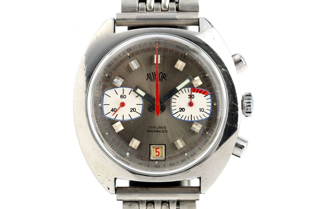 Montre Vintage ALIHOR Acier Mécanique Manuelle - Années 60, Cadran Bleu/noir, Bracelet Cuir, Très Bon état
