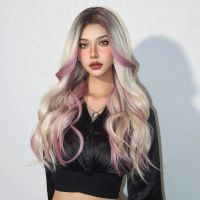 Lange gerade synthetische Perücken, blond mit rosa Strähnen