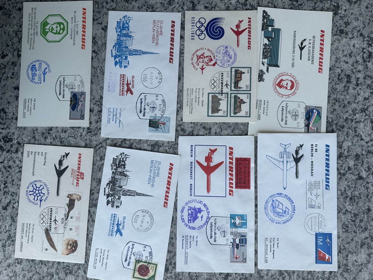 Tutti i francobolli: 32 Briefe Sonderkarten Interflug Sonderstempel DDR – Usato da Wettingen venduto da Phibras 1