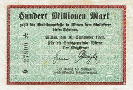 Witten 100 Mil. Mark 10.09.1923 VZ Ausgabe 27800