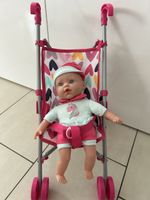 Puppe mit Puppenwagen bunte Herzen und Einhorn Mütze