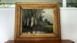 Ölgemälde Birkenwald Teich um 1900 | H. Richter | Prachtrahm