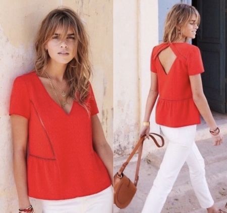 Sézane coral blouse, size 36, V-neck, back detail top 51