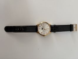 Herren Uhr mit Mondphase und Lederarmband goldfarben