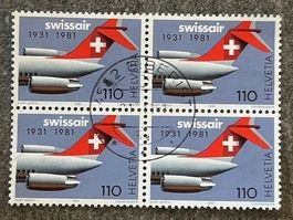 50 Jahre Swissair 1931-1981 Zentrum Stempel 4er Block 110 Rp