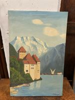 Tableau suisse pittoresque, château au bord du lac 