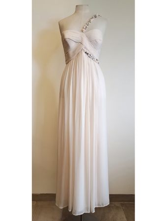 BCBG Max Azria, robe soirée, soie plissée rose, Strass, T.6