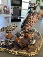 5 handgemachte und naturechte Vintage Holz-Eulen