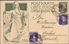 1910: GS-PK Tellk. 5Rp grün+ 2x Zusatzfr. Nr. 118I, Dänemark