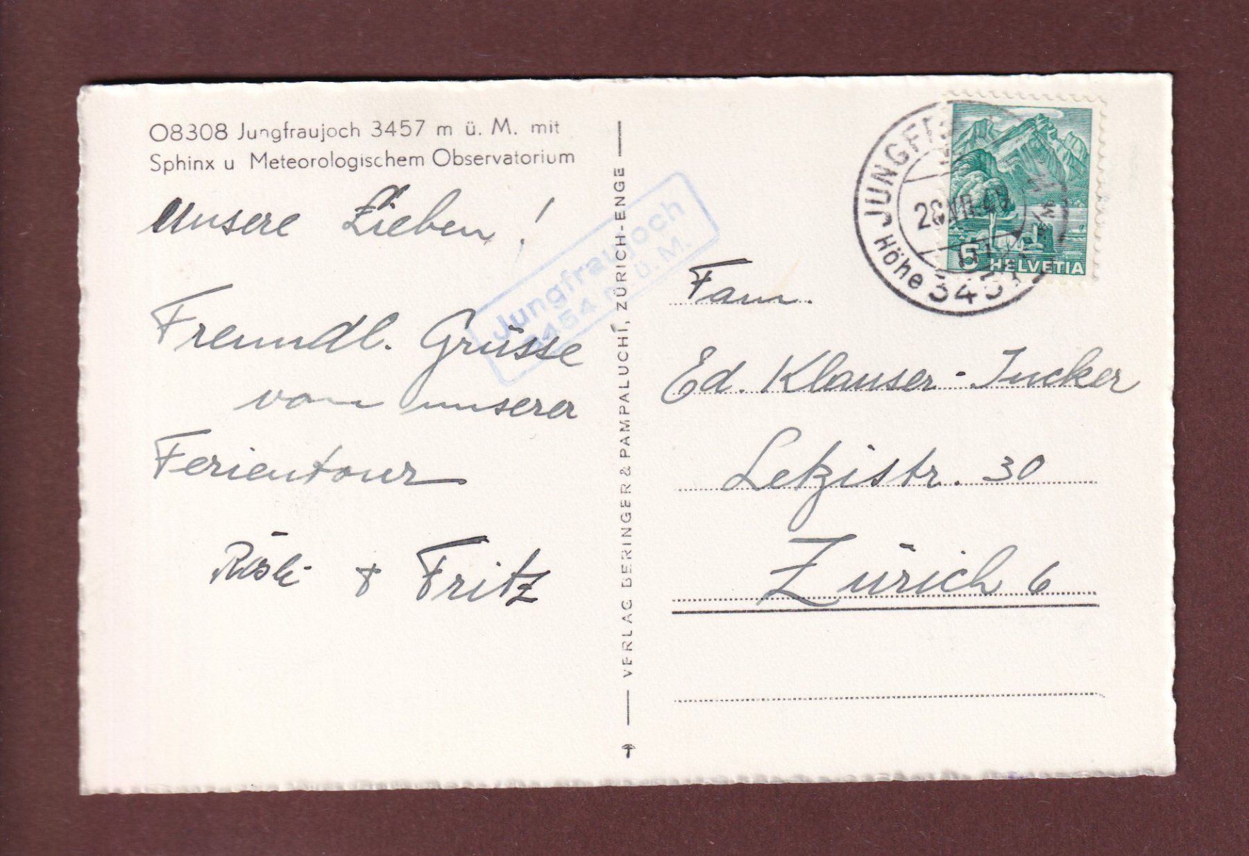 Ansichtskarten: JUNGFRAUJOCH - Sphinx - 1940 – Gebraucht aus Pully von nicecards 1