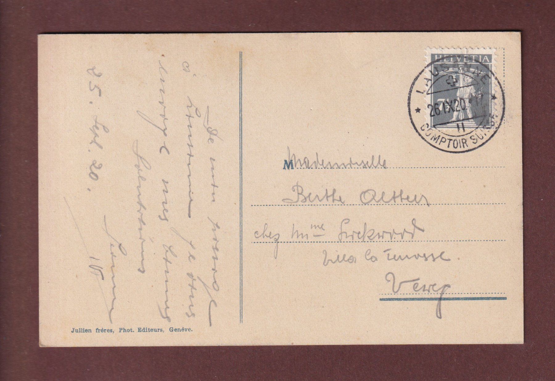 Ansichtskarten: LAUSANNE au travers des arbres - 1920 – Gebraucht aus Pully von nicecards 1