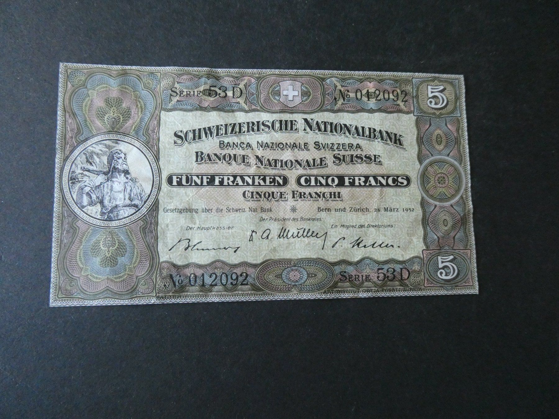 Banknoten: Schweiz 1952, 5 Franken – Gebraucht aus Hinterforst von Rohusri