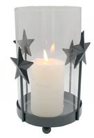 Windlicht aus Glas mit schwarzem Metallrand und mit Sternen