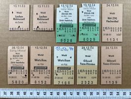 Wald ZH, 10 alte Edmondsonsche Bahn Billette SBB, 1983, 1984