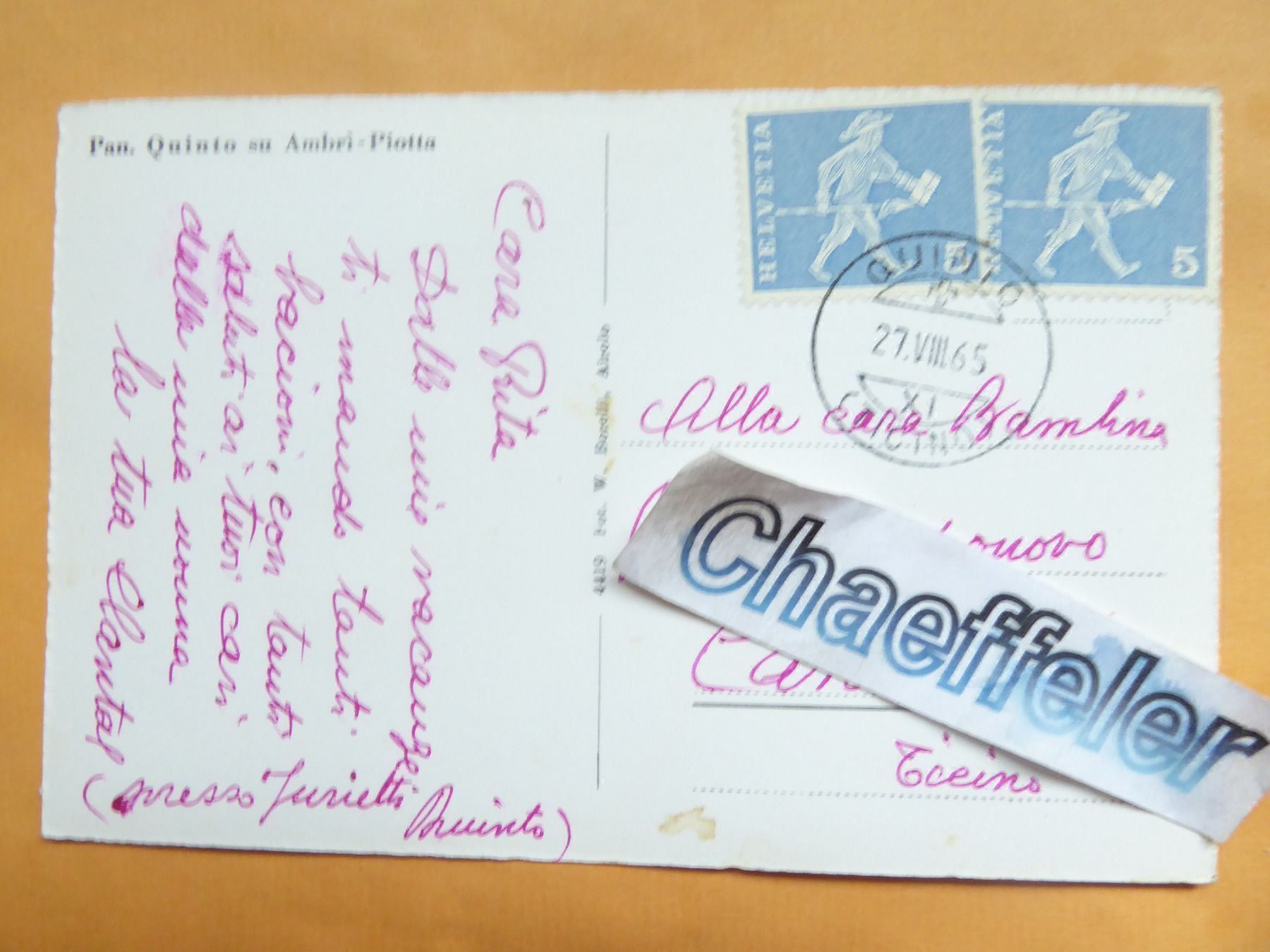 Cartoline postali: 1965 Pan. Quinto su Ambri-Piotta – Usato da Zürich venduto da Chaeffeler 1