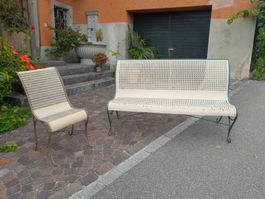 Vintage Metal Gartenbank und Gartenstuhl patiniert