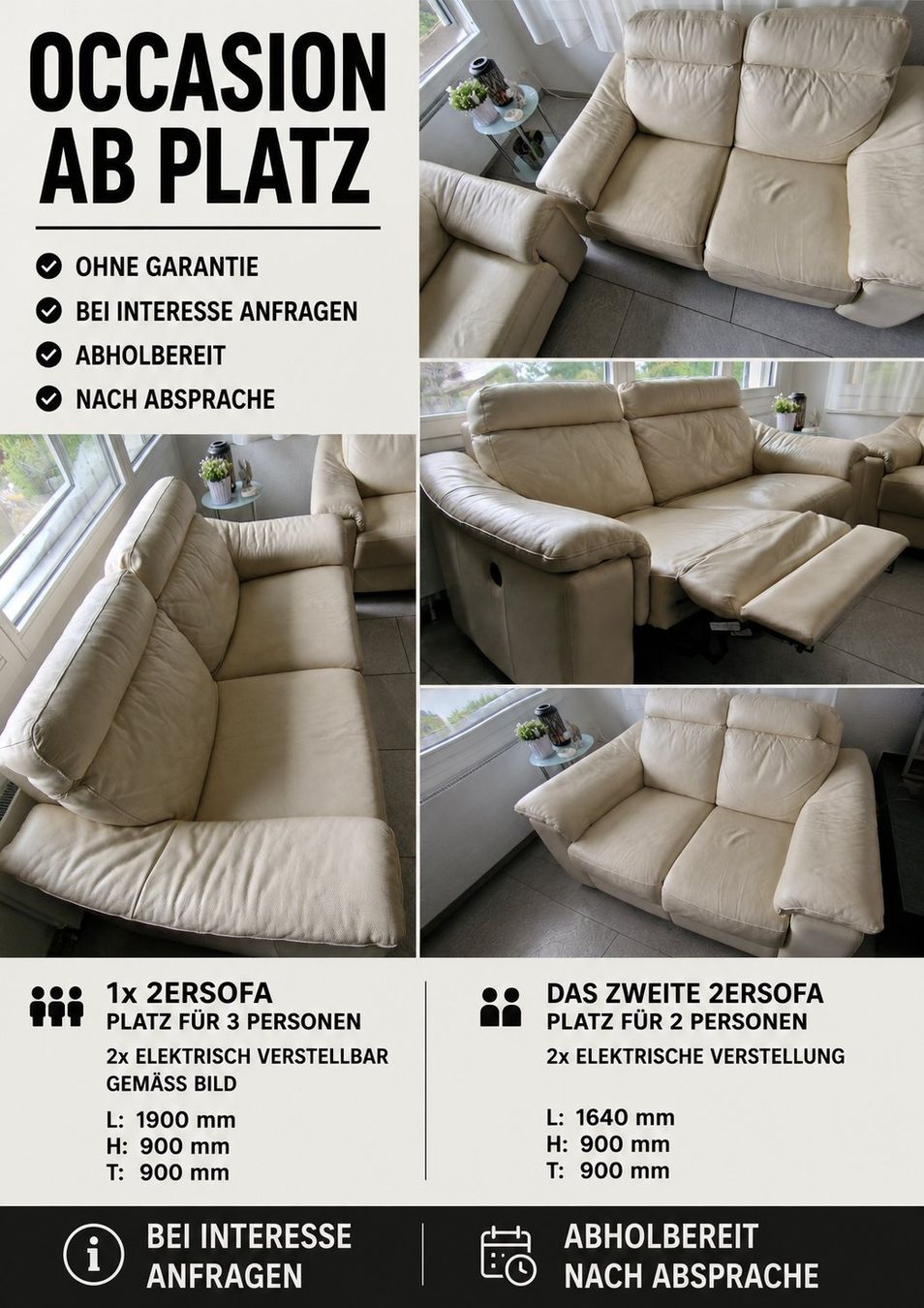 Divani: 2x Leder-2er-Sofas elektrisch verstellbar Ab Platz – Usato da Illnau venduto da Chripaje