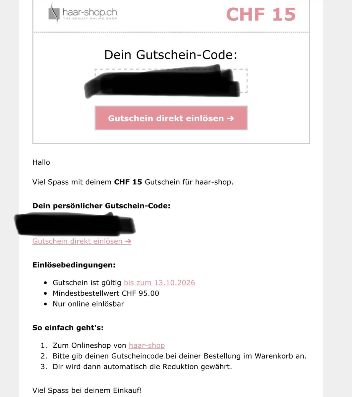 Gutscheine: haar-shop.ch Rabattcode 15.- – Neu und originalverpackt aus Glattpark(Opfikon) von ste_n99y