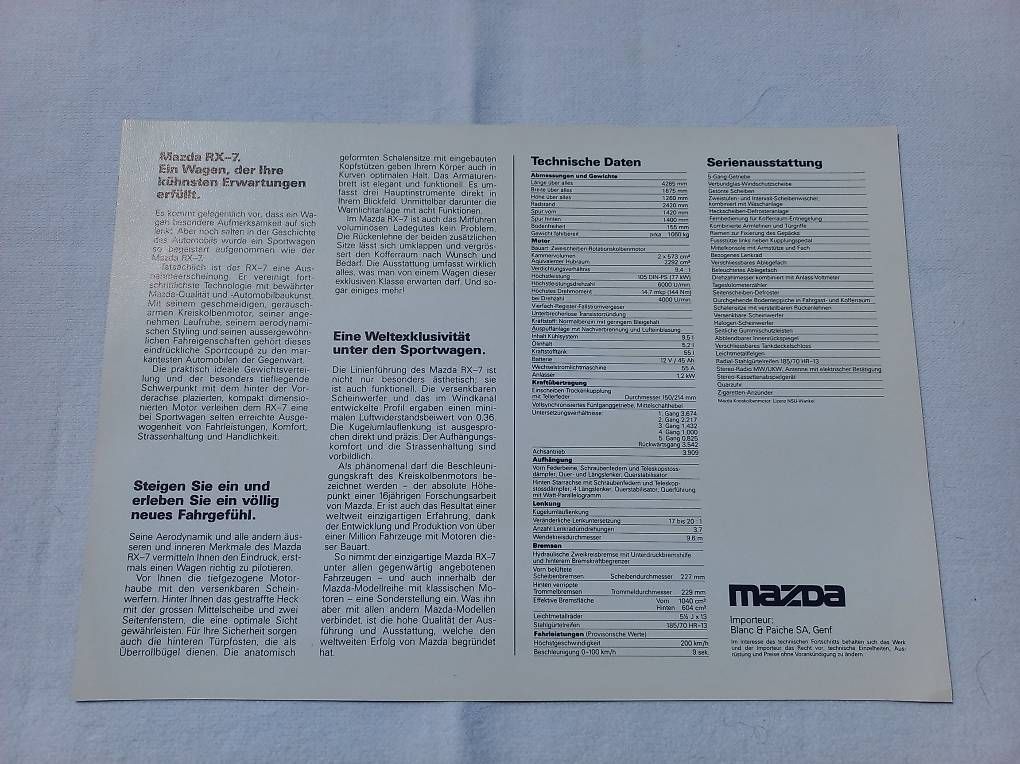 Documenti: Mazda RX-7 / Prospektblatt – Usato da Frauenkappelen venduto da Chruetzhubel 1